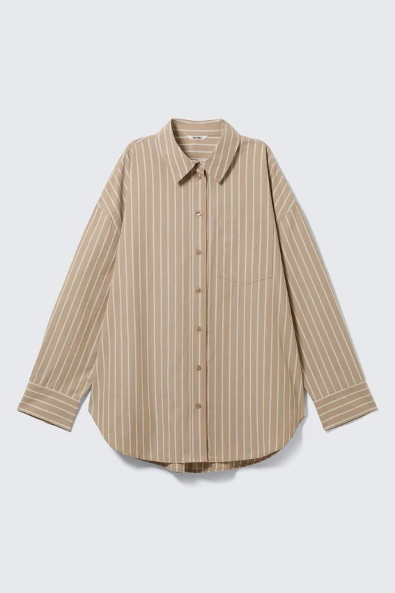 Oversized Long-Sleeved Shirt – Striped Beige Oversized Long-Sleeved Shirt – Striped Beige