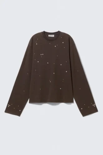Oversized Long-Sleeved Stud T-Shirt – Dark Brown