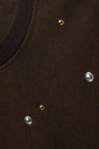 Oversized Long-Sleeved Stud T-Shirt – Dark Brown
