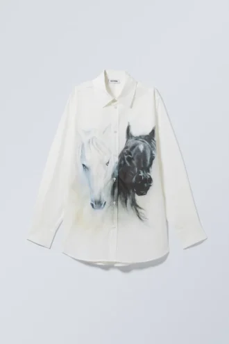 Oversized Printed Poplin Shirt – White & Black Horses