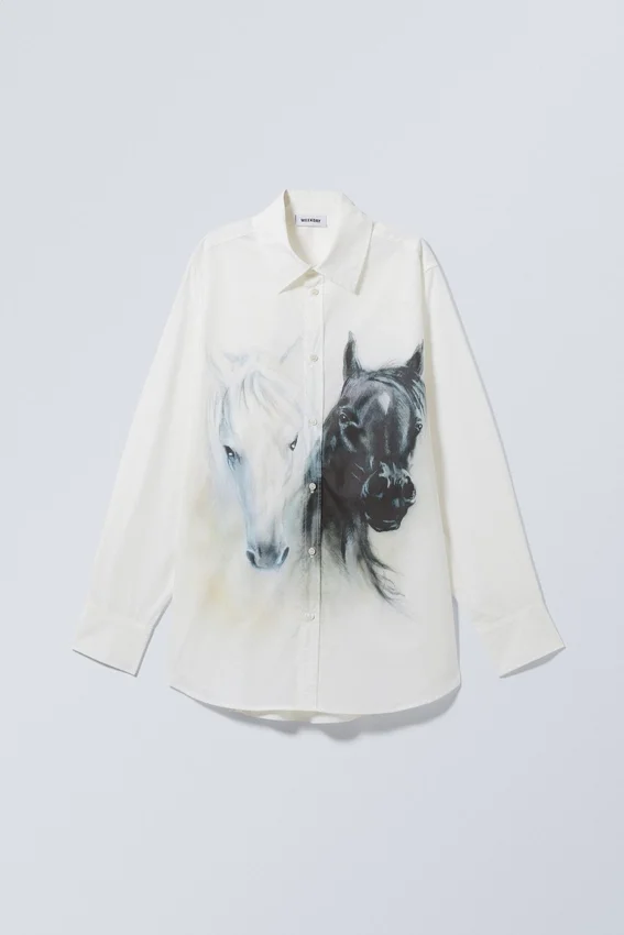 Oversized Printed Poplin Shirt – White & Black Horses Oversized Printed Poplin Shirt – White & Black Horses