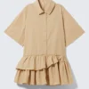 Oversized Ruffled Mini Shirt Dress – Beige Oversized Ruffled Mini Shirt Dress – Beige