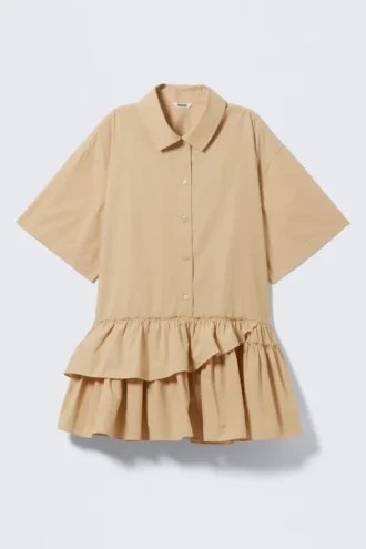 Oversized Ruffled Mini Shirt Dress – Beige