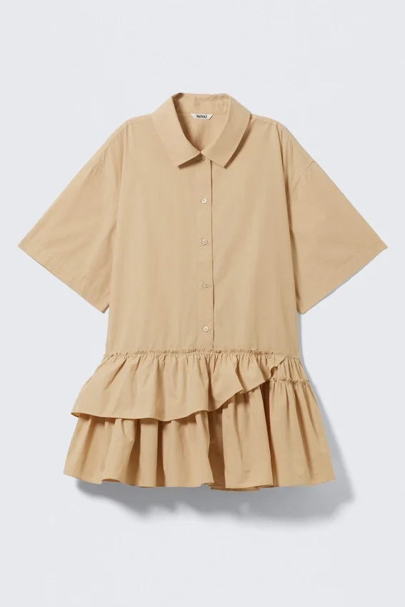 Oversized Ruffled Mini Shirt Dress – Beige Oversized Ruffled Mini Shirt Dress – Beige