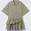 Oversized Ruffled Mini Shirt Dress – Khaki Green Oversized Ruffled Mini Shirt Dress – Khaki Green