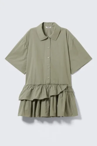 Oversized Ruffled Mini Shirt Dress – Khaki Green