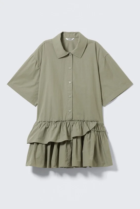 Oversized Ruffled Mini Shirt Dress – Khaki Green Oversized Ruffled Mini Shirt Dress – Khaki Green