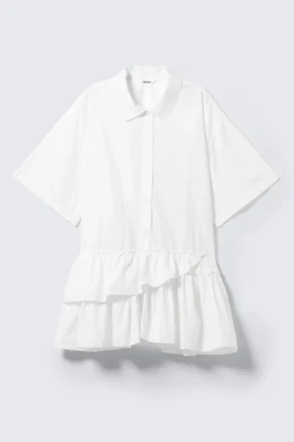 Oversized Ruffled Mini Shirt Dress – White