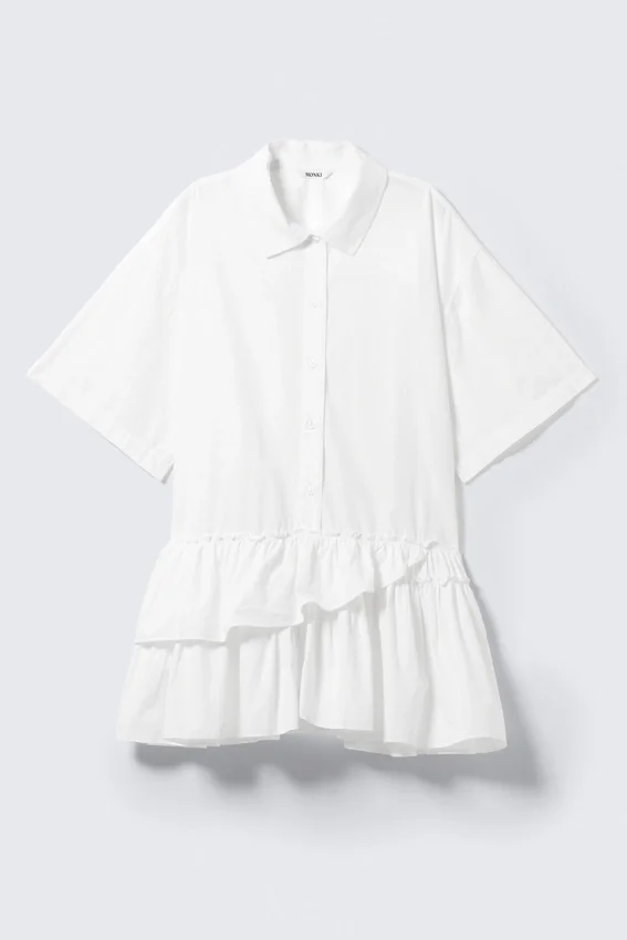 Oversized Ruffled Mini Shirt Dress – White Oversized Ruffled Mini Shirt Dress – White