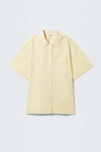 Oversized Short-Sleeved Cotton Poplin Shirt – Striped Light Yellow