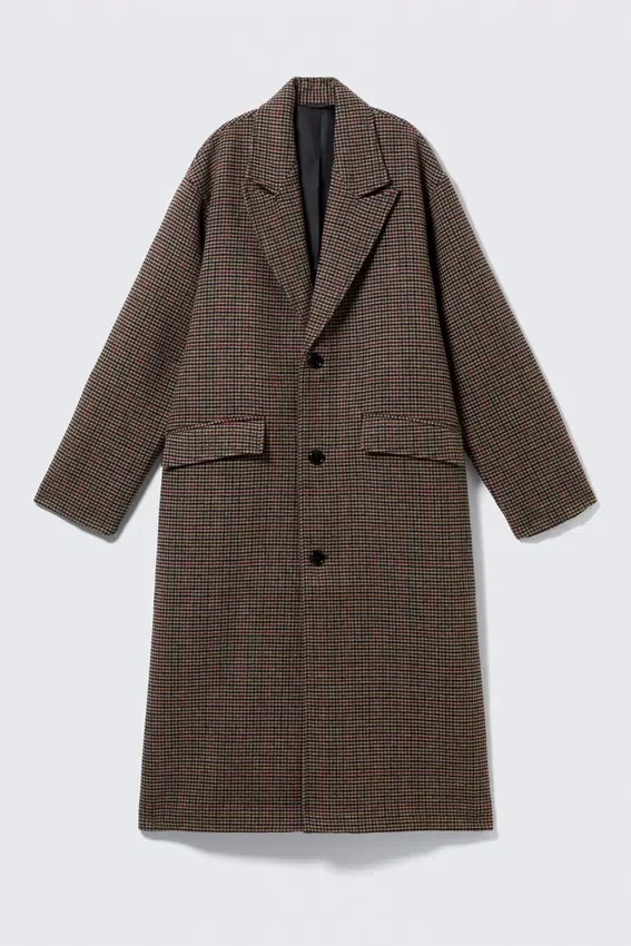 Oversized Single-Breasted Wool Blend Coat – Beige Multi Check Oversized Single-Breasted Wool Blend Coat – Beige Multi Check