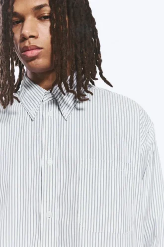 Oversized Striped Button-Down Shirt – White – Blue Stripes