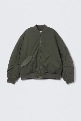 Oversized Twill Bomber Jacket – Dark Khaki Green