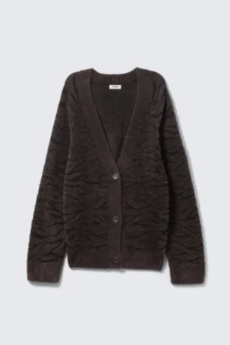 Oversized V-Neck Cardigan – Dark Brown Zebra Pattern