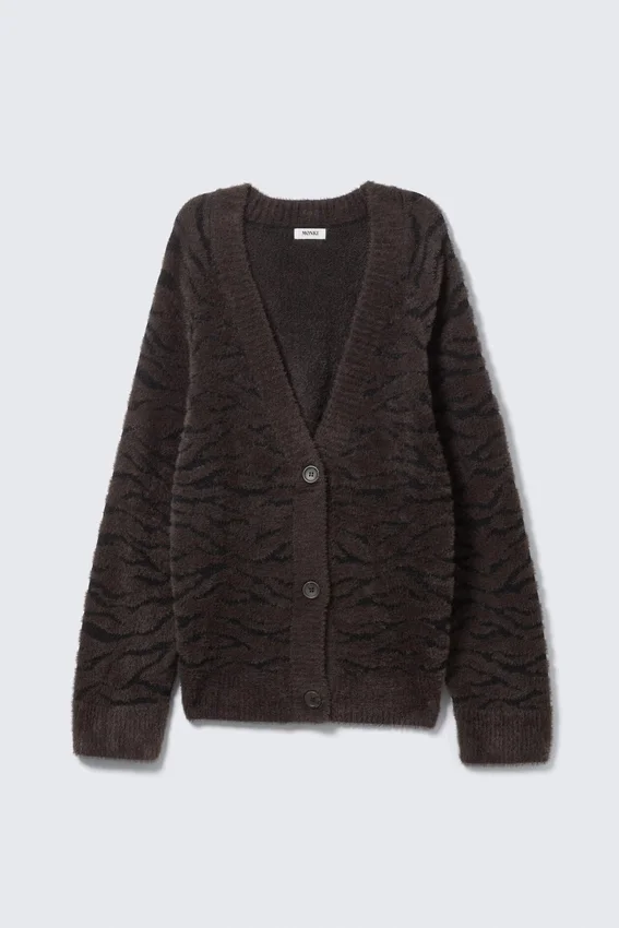 Oversized V-Neck Cardigan – Dark Brown Zebra Pattern Oversized V-Neck Cardigan – Dark Brown Zebra Pattern