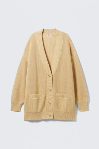 Oversized V-Neck Cotton Knit Cardigan – Beige