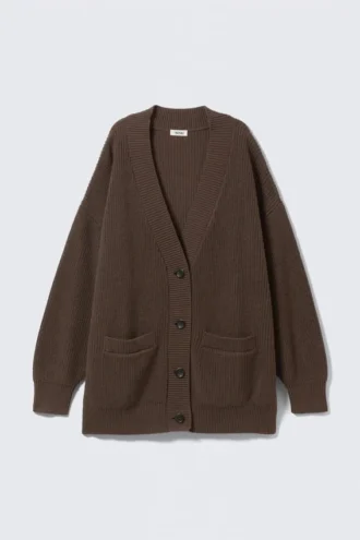 Oversized V-Neck Cotton Knit Cardigan – Dark Brown