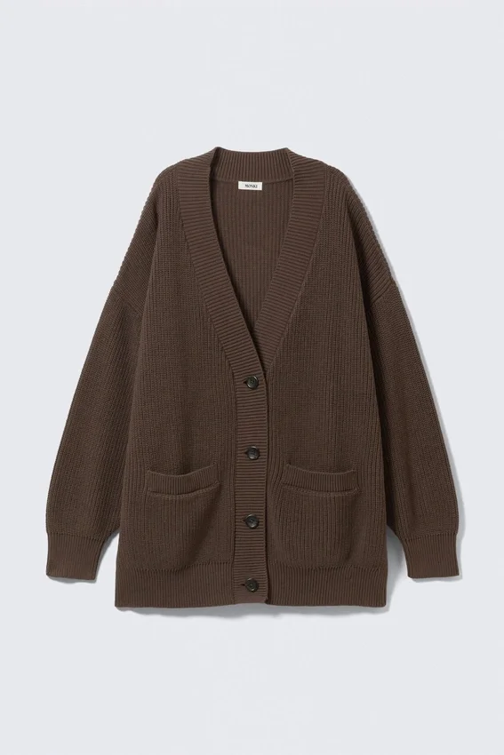 Oversized V-Neck Cotton Knit Cardigan – Dark Brown Oversized V-Neck Cotton Knit Cardigan – Dark Brown