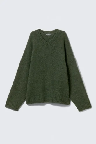 Oversized V-Neck Wool Blend Sweater – Dark Green
