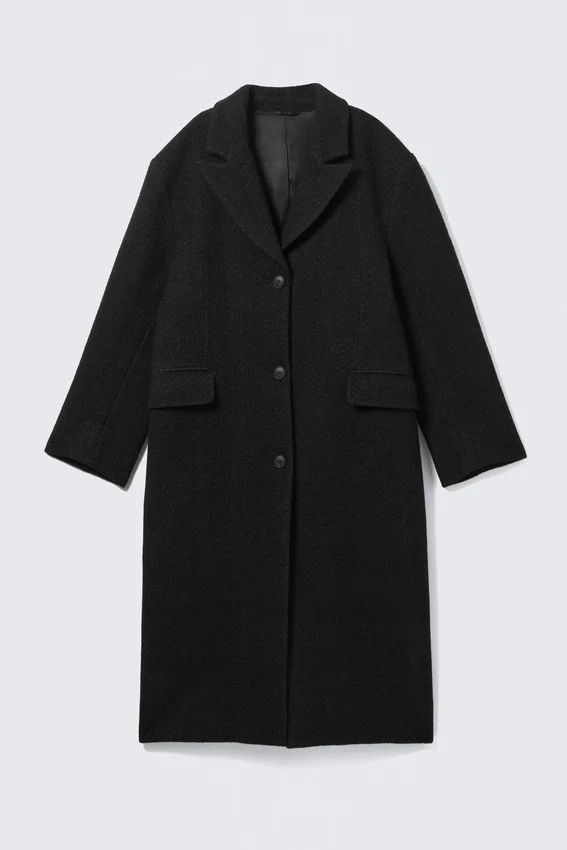 Oversized Wool-Blend Coat – Black Herringbone Oversized Wool-Blend Coat – Black Herringbone