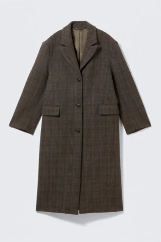 Oversized Wool-Blend Coat – Checked Dark Brown Oversized Wool-Blend Coat – Checked Dark Brown