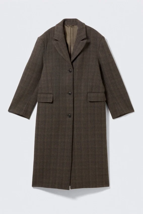 Oversized Wool-Blend Coat – Checked Dark Brown Oversized Wool-Blend Coat – Checked Dark Brown