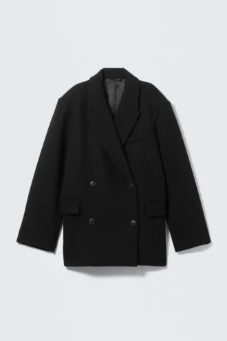 Oversized Wool-Blend Double-Breasted Blazer – Black