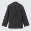 Oversized Wool-Blend Double-Breasted Blazer – Dark Grey – Herringbone Oversized Wool-Blend Double-Breasted Blazer – Dark Grey – Herringbone