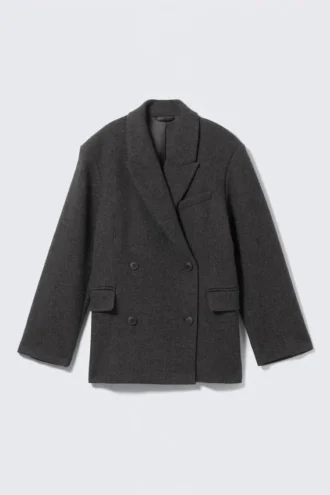 Oversized Wool-Blend Double-Breasted Blazer – Dark Grey – Herringbone