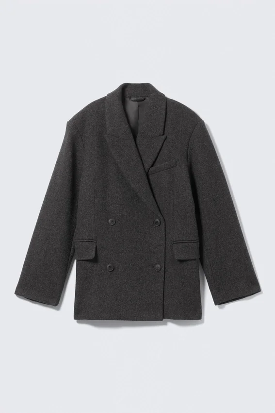 Oversized Wool-Blend Double-Breasted Blazer – Dark Grey – Herringbone Oversized Wool-Blend Double-Breasted Blazer – Dark Grey – Herringbone