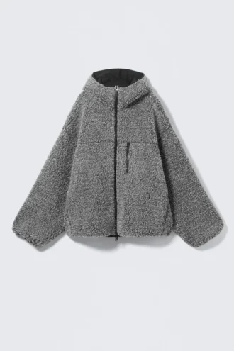 Oversized Zip-Up Pile Hoodie – Dark Grey Melange