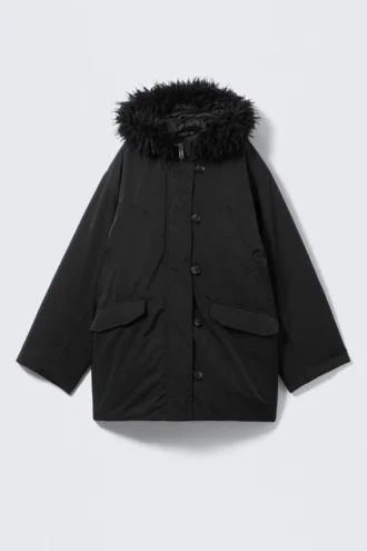 Padded Bomber Parka with Faux Fur Trim – Black