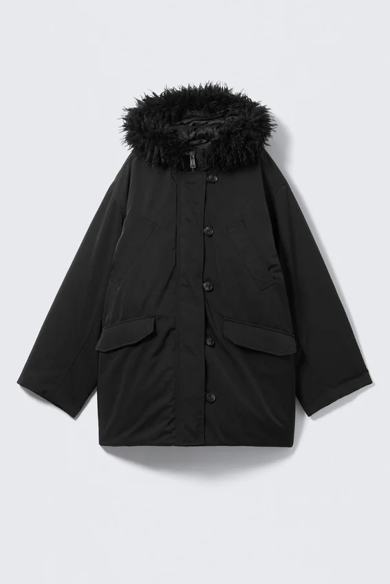 Padded Bomber Parka with Faux Fur Trim – Black Padded Bomber Parka with Faux Fur Trim – Black