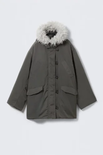 Padded Bomber Parka with Faux Fur Trim – Dark Grey