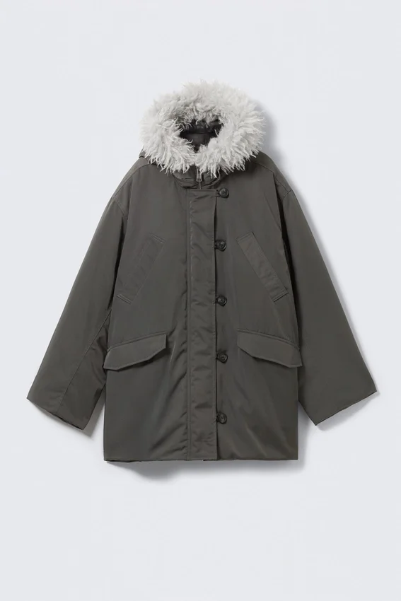 Padded Bomber Parka with Faux Fur Trim – Dark Grey Padded Bomber Parka with Faux Fur Trim – Dark Grey