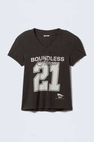 Padded Shoulder Graphic Short-Sleeve Top – Black