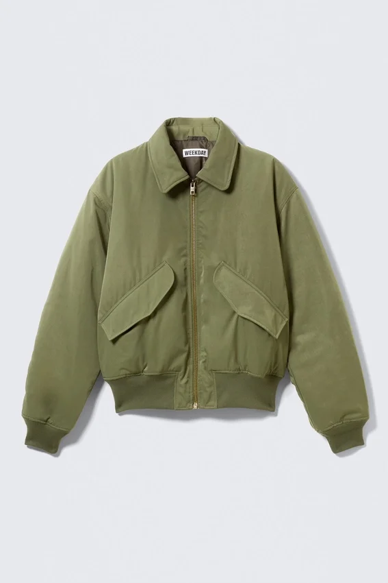Padded Twill Bomber Jacket – Dusty Olive Green Padded Twill Bomber Jacket – Dusty Olive Green