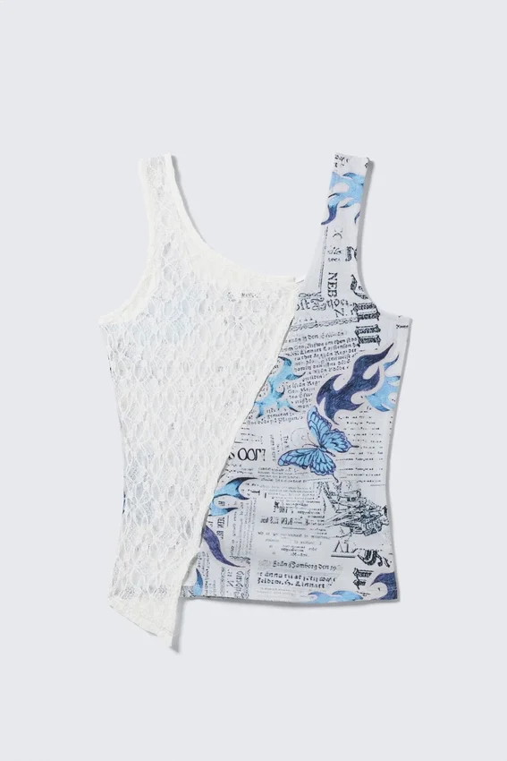 Patchwork Asymmetric Jersey Tank Top – White Lace/Newspaper Patchwork Asymmetric Jersey Tank Top – White Lace/Newspaper