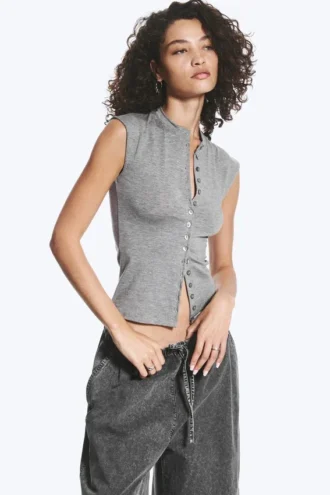 Pearl Button up Top – Dusty Grey Melange