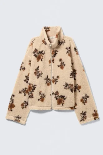 Pile Fleece Zip Jacket – Beige – Brown Floral Print