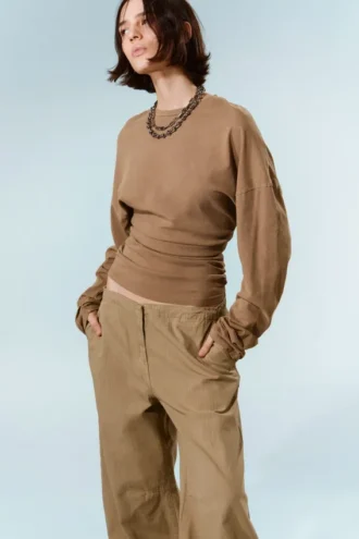 Pleated Long-Sleeved Top – Dark Beige