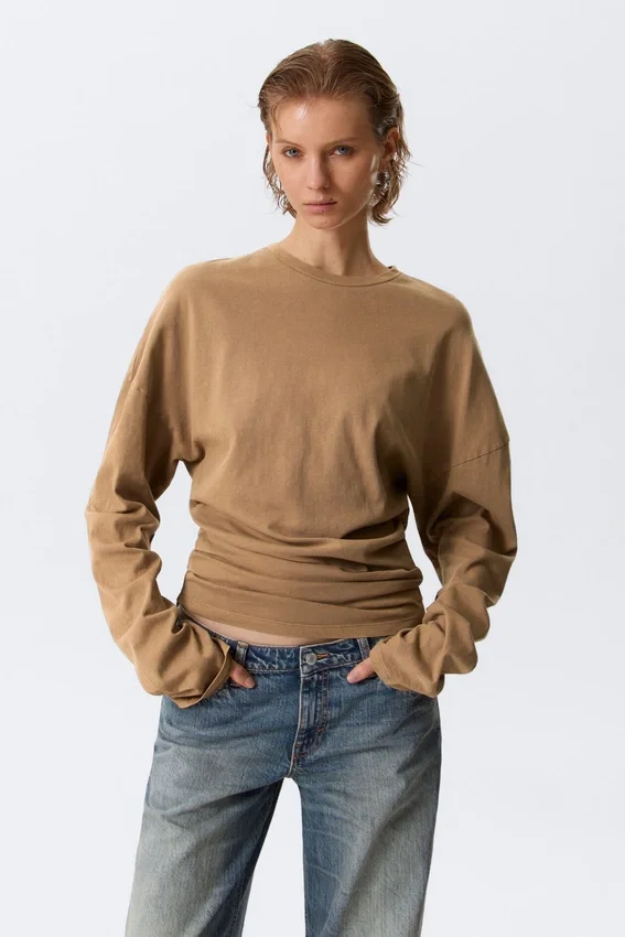 Pleated Long-Sleeved Top – Dark Beige Pleated Long-Sleeved Top – Dark Beige