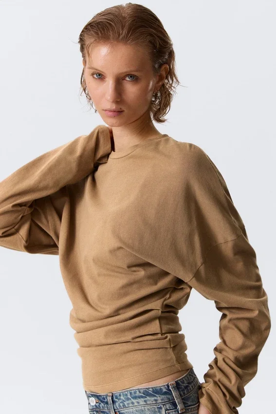 Pleated Long-Sleeved Top – Dark Beige Pleated Long-Sleeved Top – Dark Beige