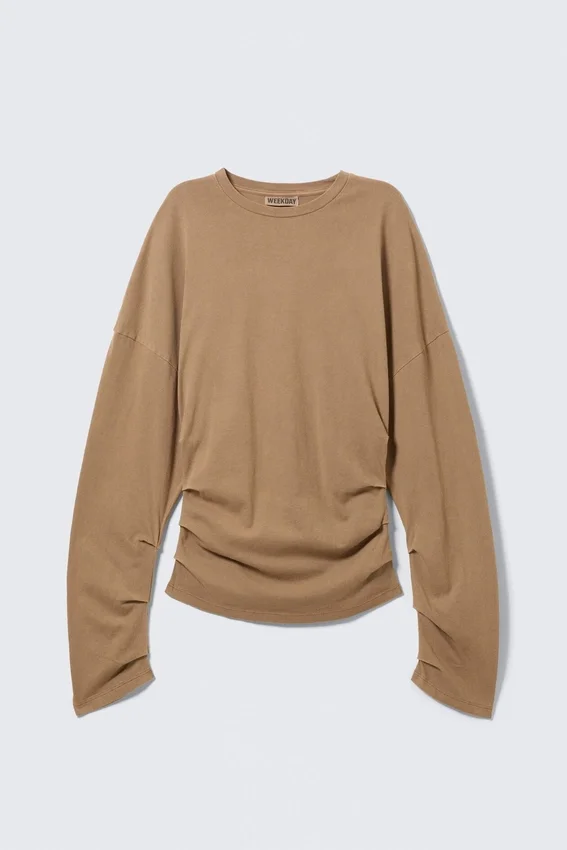 Pleated Long-Sleeved Top – Dark Beige Pleated Long-Sleeved Top – Dark Beige