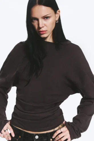 Pleated Long-Sleeved Top – Dark Brown