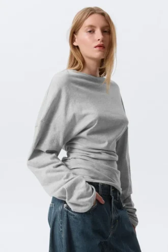 Pleated Long-Sleeved Top – Light Grey Melange