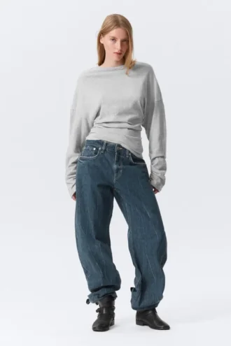 Pleated Long-Sleeved Top – Light Grey Melange