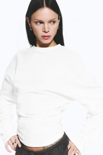 Pleated Long-Sleeved Top – White
