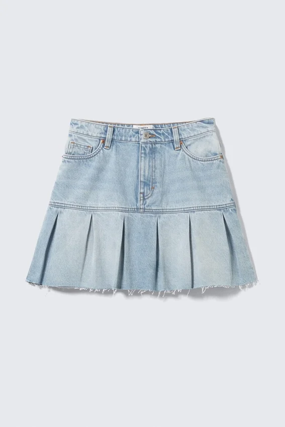 Pleated Mini Denim Skirt – Fresh Blue – Light Blue Pleated Mini Denim Skirt – Fresh Blue – Light Blue