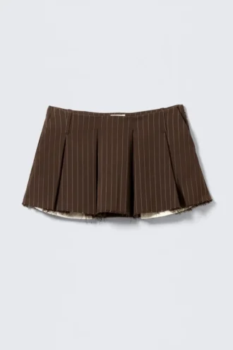 Pleated Mini Suiting Skirt – Striped Dark Brown
